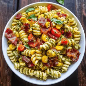 This Corn Pasta Salad is a delightful mix of fresh flavors! Packed with crispy bacon, vibrant bell peppers, and tossed in a creamy pesto dressing, it's perfect for summer picnics or quick weeknight dinners. Save this recipe to impress your family and friends at your next gathering! Enjoy a bowl of fresh goodness that everyone will love.