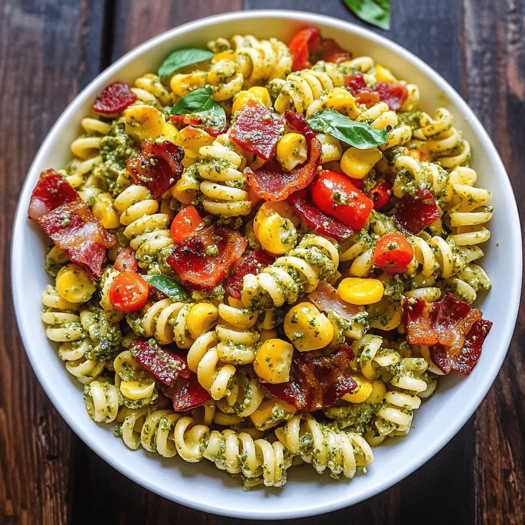 This Corn Pasta Salad is a delightful mix of fresh flavors! Packed with crispy bacon, vibrant bell peppers, and tossed in a creamy pesto dressing, it's perfect for summer picnics or quick weeknight dinners. Save this recipe to impress your family and friends at your next gathering! Enjoy a bowl of fresh goodness that everyone will love.