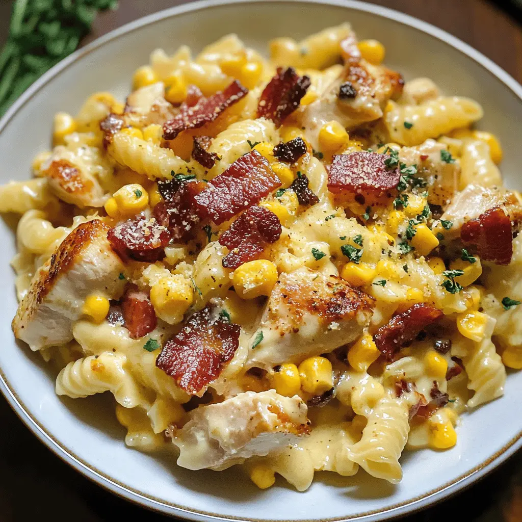 Creamy Chicken and Corn Pasta with Crispy Bacon