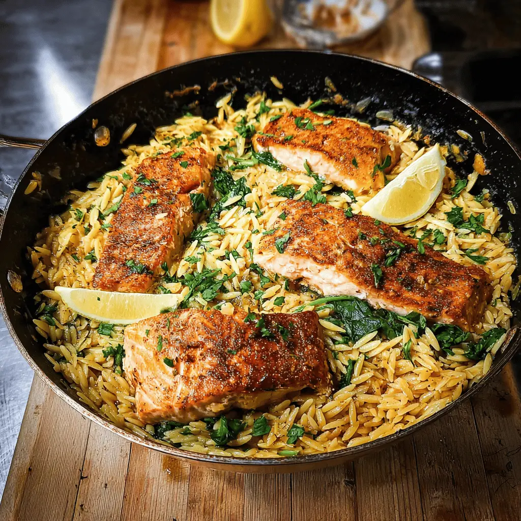 One Skillet Salmon with Creamy Lemon Orzo