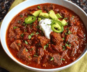 Hearty award-winning short rib and chorizo chili served in a bowl with toppings, perfect for comforting winter meals.