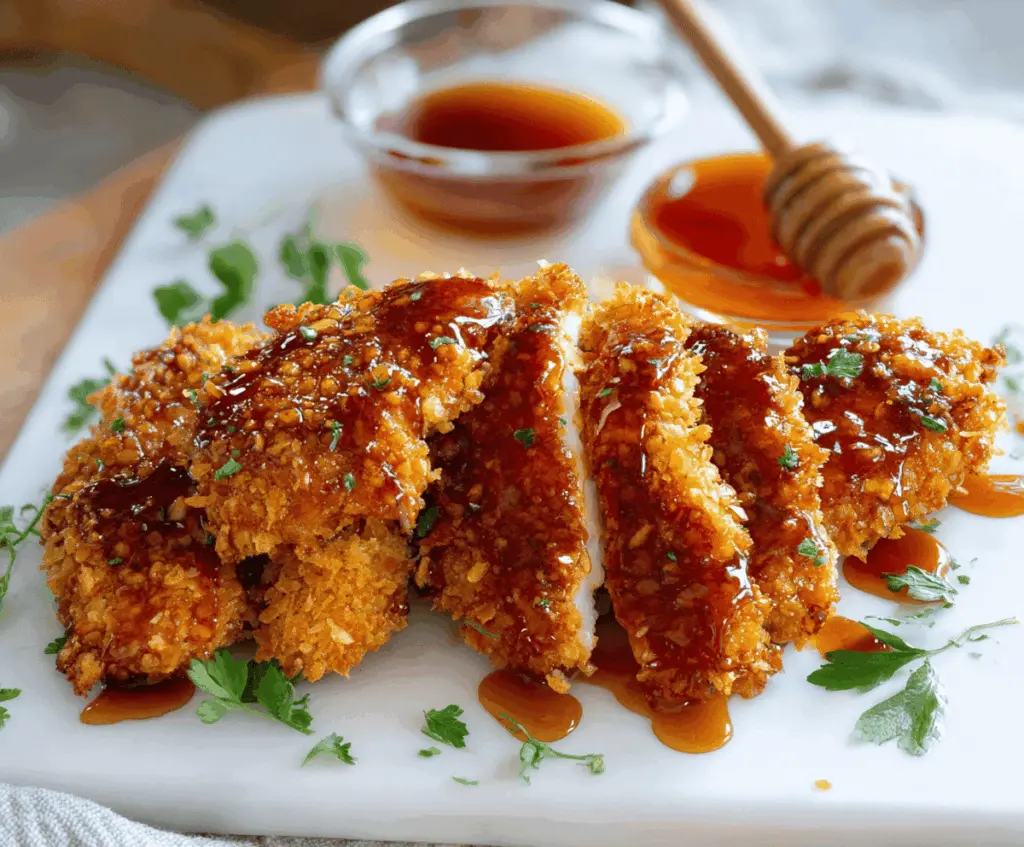 Golden baked crunchy hot honey chicken served on a plate with a crispy coating and drizzled with spicy honey sauce