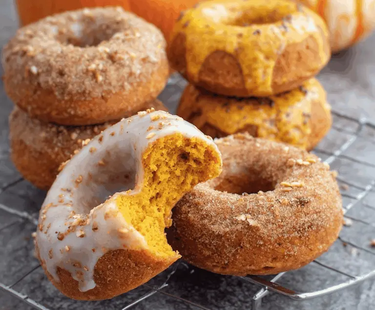 Delicious baked pumpkin cake donuts with a golden-brown exterior and optional toppings on a plate, perfect for fall desserts.