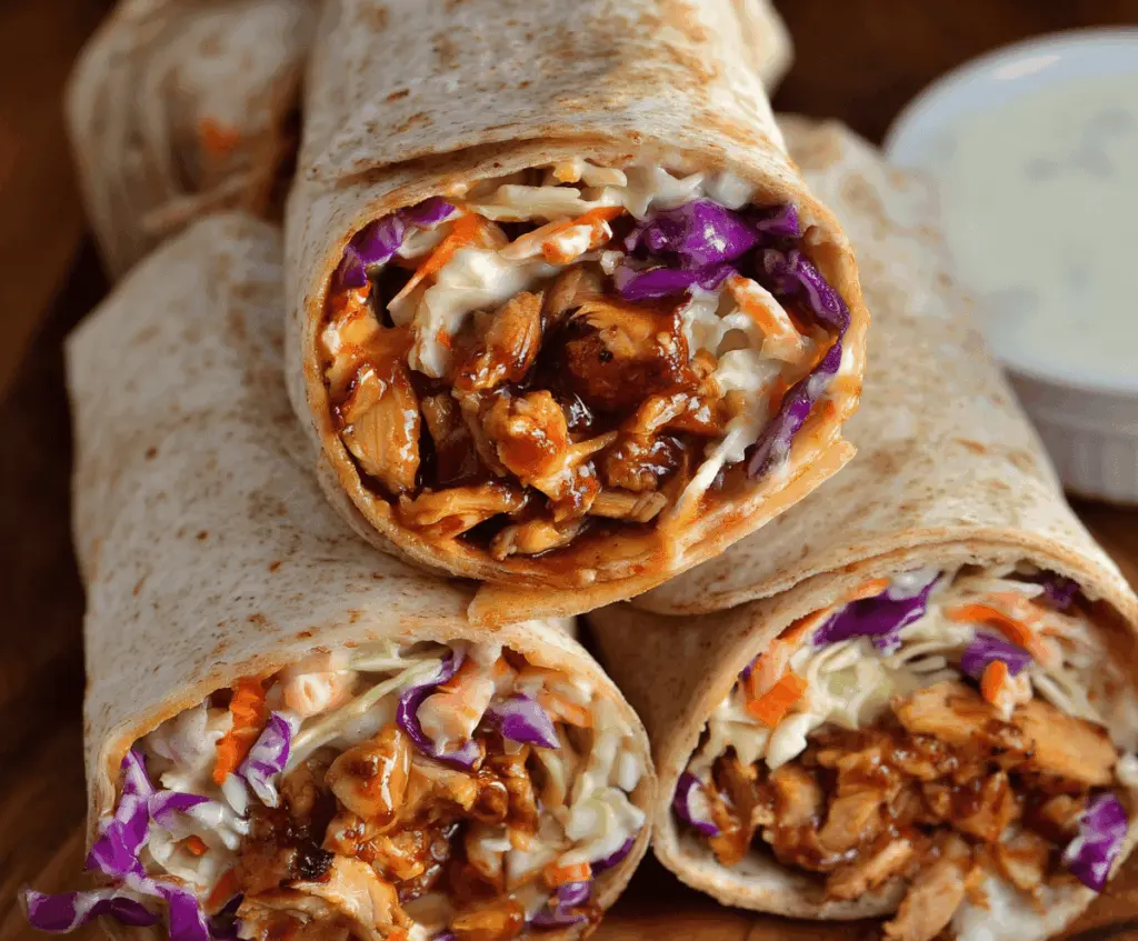 Delicious BBQ Chicken Coleslaw Wraps featuring tender grilled chicken, crunchy coleslaw, and flavorful barbecue sauce wrapped in a soft tortilla