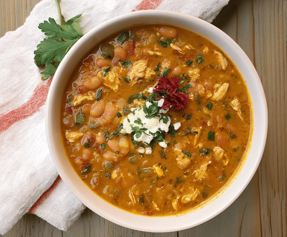 Creamy Cajun white chicken chili with tender chicken, white beans, and flavorful spices served in a bowl.