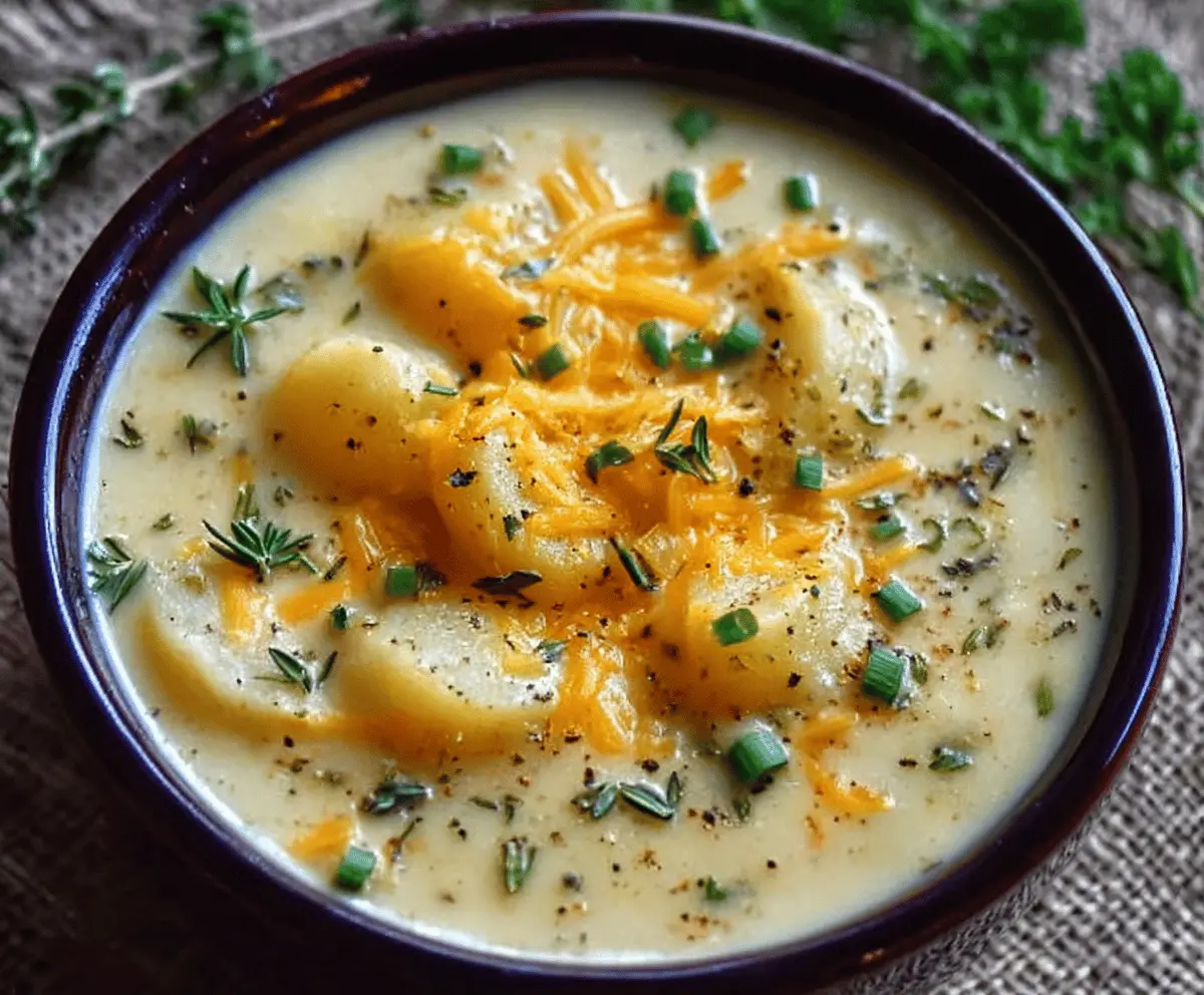 Creamy cheddar garlic herb potato soup topped with melted cheese and fresh herbs in a bowl, perfect for a cozy meal.