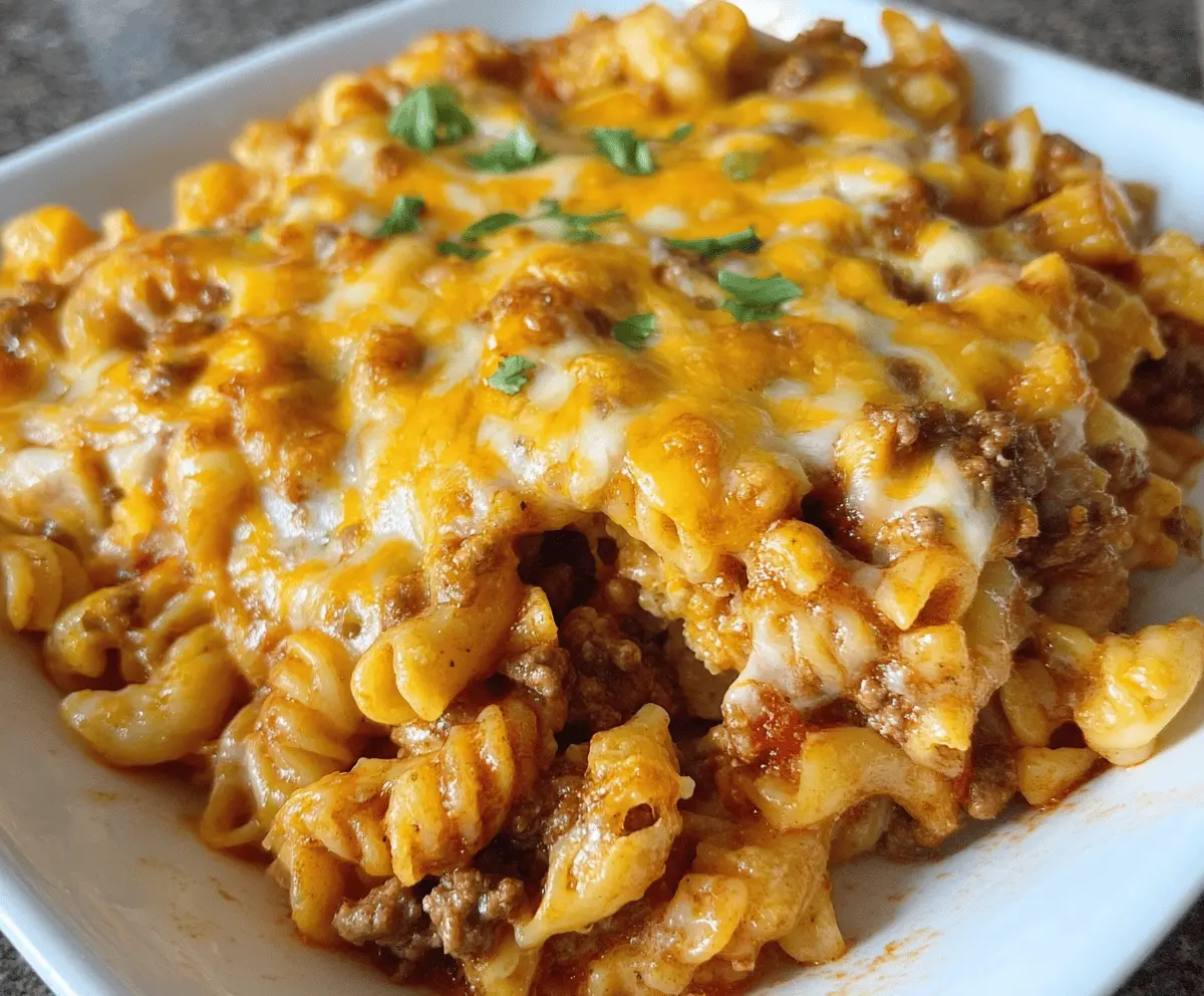 Delicious Cheesy Hamburger Casserole Bake served in a baking dish, perfect for busy weeknights, topped with melted cheese and fresh herbs