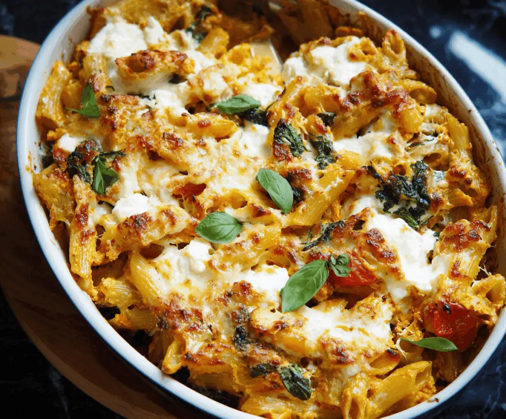 Creamy Cheesy Pumpkin Ricotta Pasta Bake topped with melted cheese and fresh herbs, served in a baking dish