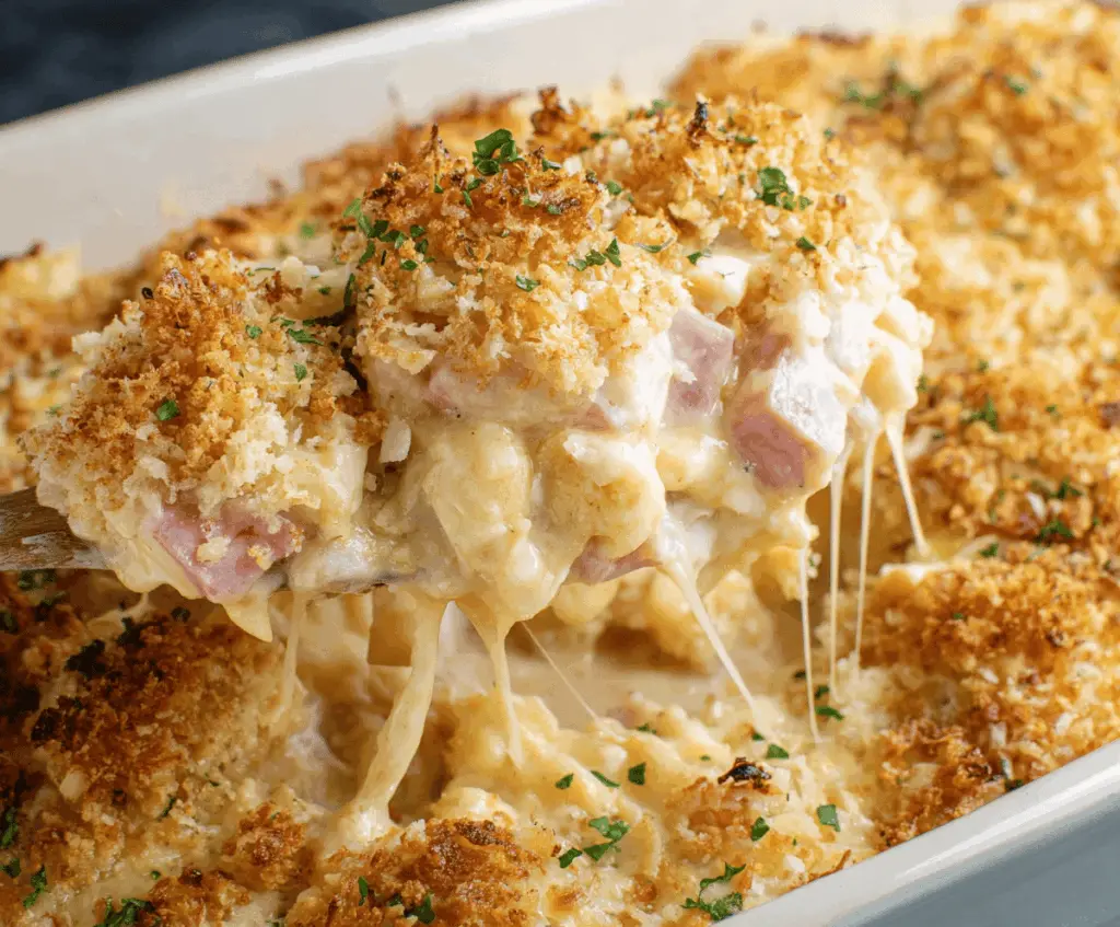 Delicious Chicken Cordon Bleu Casserole with crispy breaded chicken, ham, melted cheese, and golden breadcrumbs in a savory baked dish