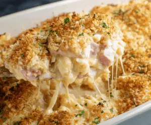 Delicious Chicken Cordon Bleu Casserole with crispy breaded chicken, ham, melted cheese, and golden breadcrumbs in a savory baked dish