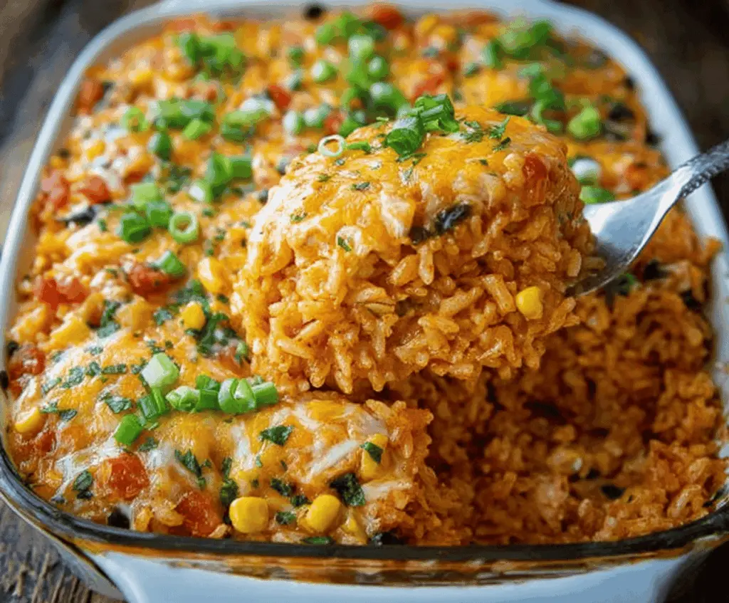 Delicious Chicken Enchilada Rice Casserole ready in 35 minutes, featuring cheesy, flavorful chicken and rice baked with enchilada sauce and toppings.