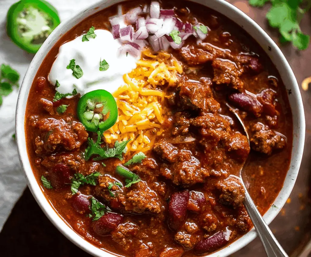 Hearty homemade Chili Con Carne in a bowl with ground beef, beans, tomatoes, and spices, ready to serve