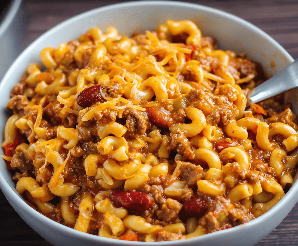 Creamy chili mac casserole with melted cheese, ground beef, and savory spices served in a bowl