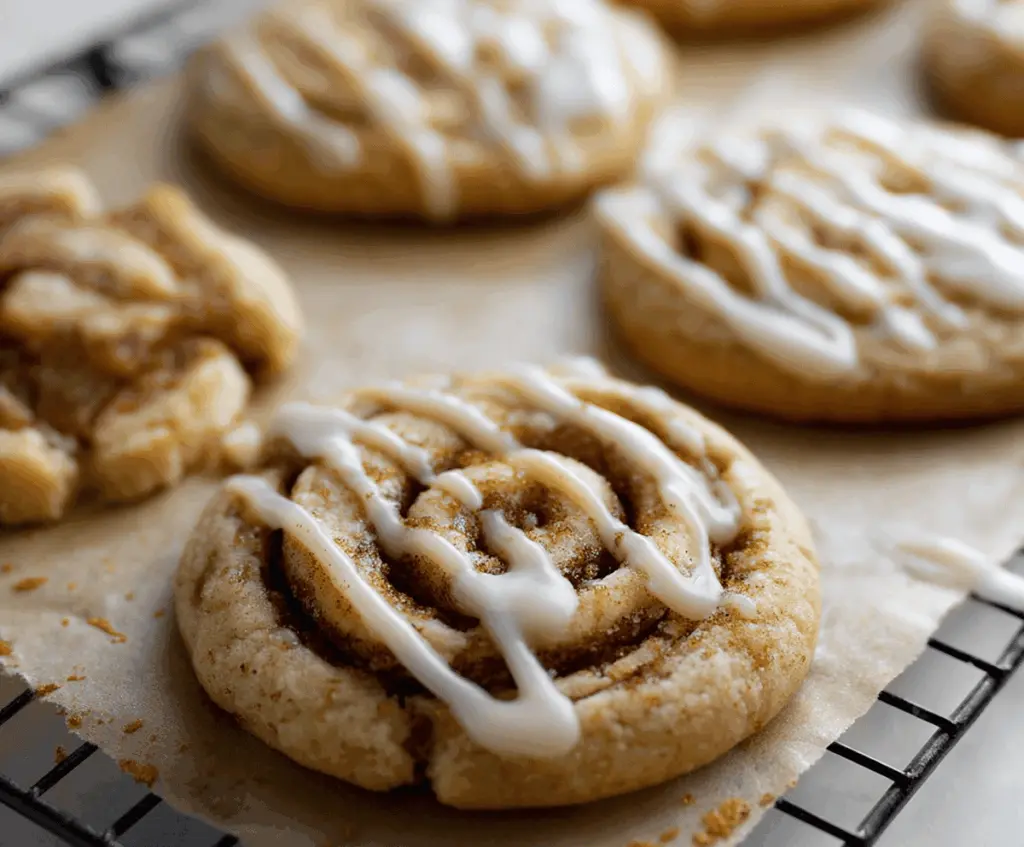 Delicious cinnamon roll sugar cookies topped with cinnamon glaze and sprinkles on a rustic wooden surface.