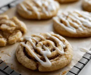 Delicious cinnamon roll sugar cookies topped with cinnamon glaze and sprinkles on a rustic wooden surface.