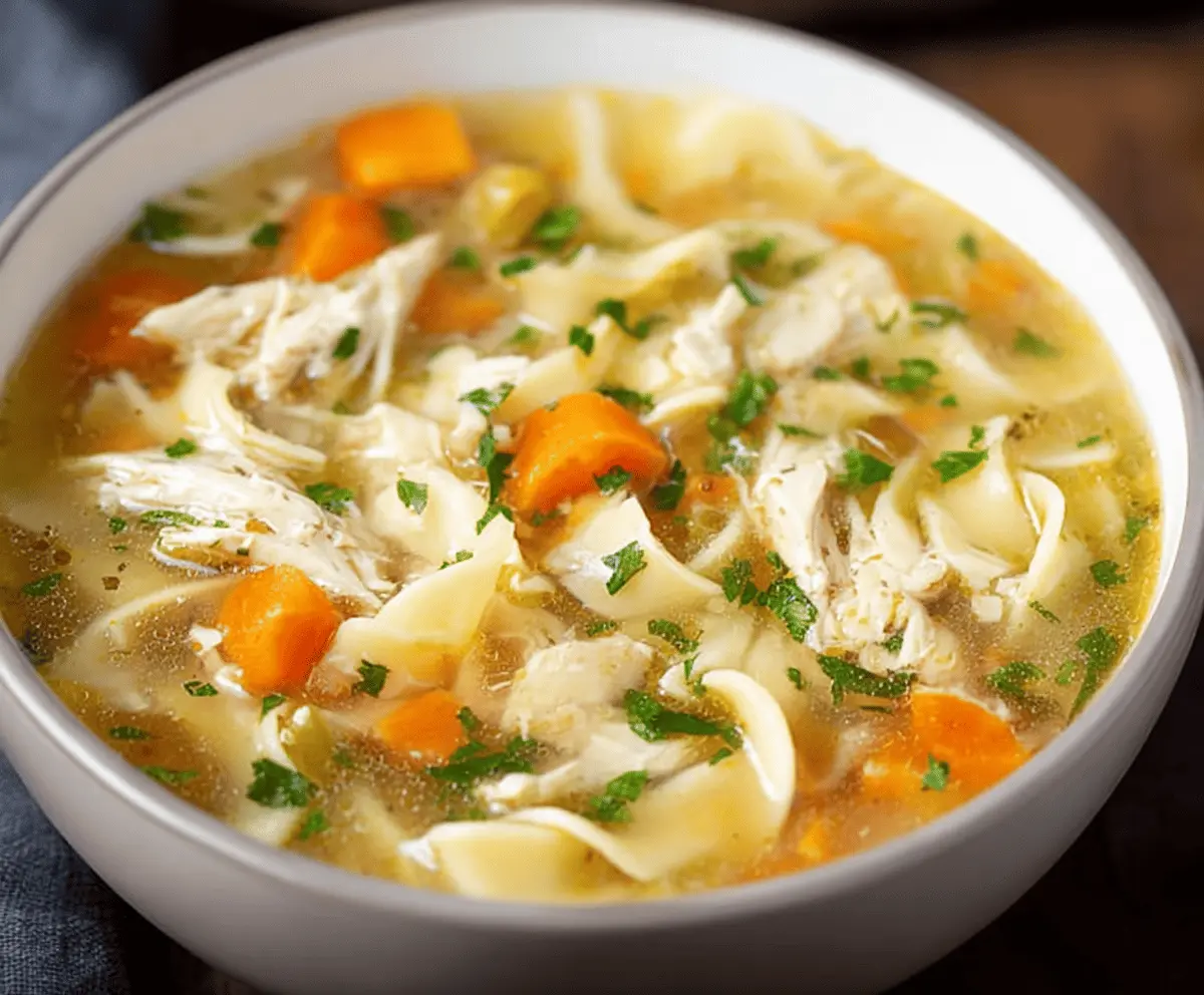 Delicious CopyCat Panera Bread Chicken Noodle Soup in a bowl with tender chicken, noodles, and vegetables, perfect for a comforting homemade meal