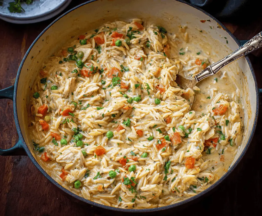 Creamy chicken pot pie orzo served in a bowl with flaky crust topping, garnished with fresh herbs for a comforting and hearty meal.