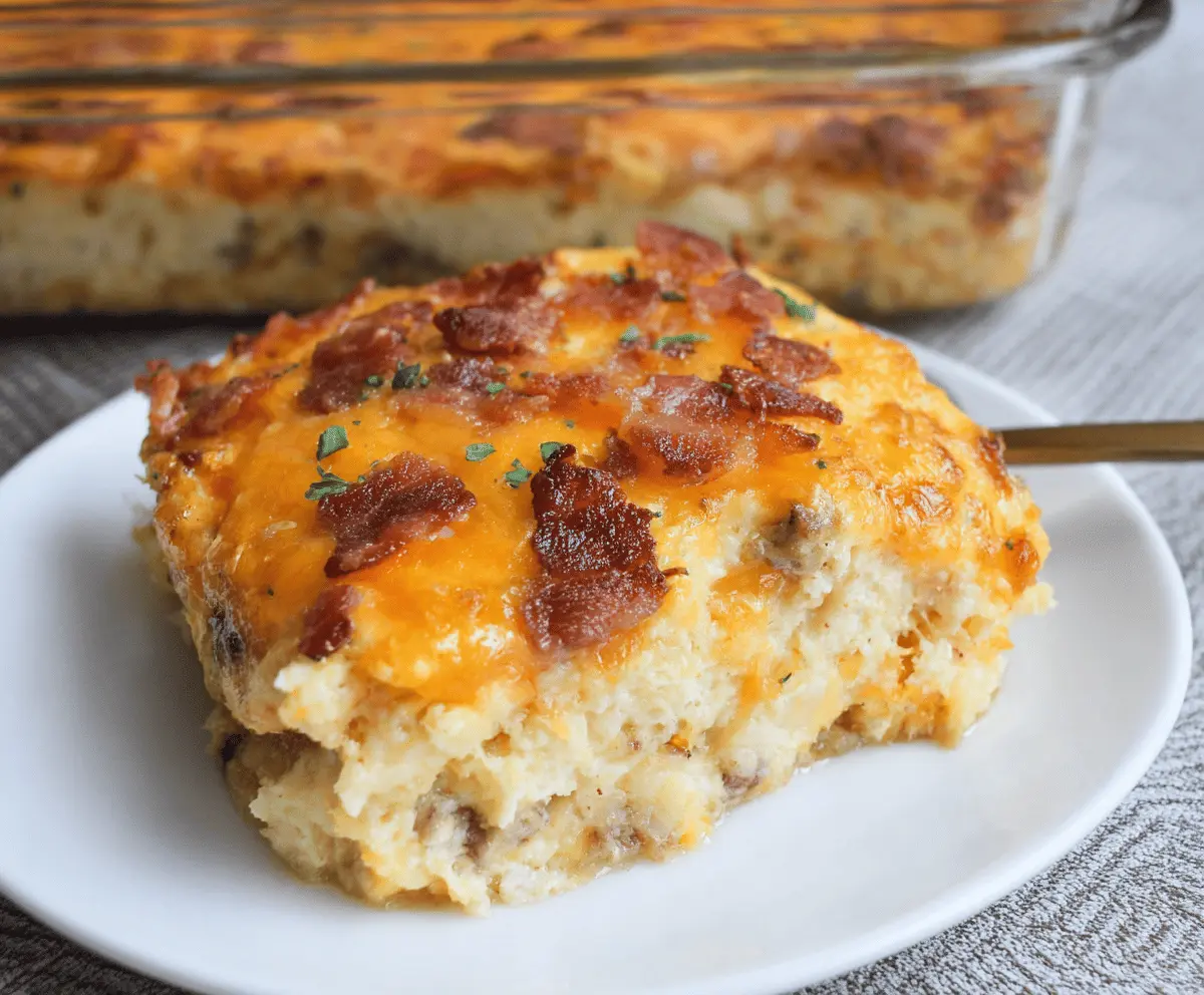 Delicious Crack Breakfast Casserole with eggs, cheese, sausage, and vegetables ready to serve