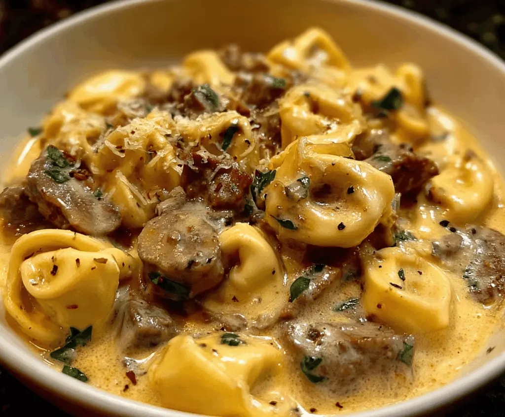 Creamy cheesesteak tortellini served in rich provolone cheese sauce, garnished with fresh herbs and melted cheese topping.