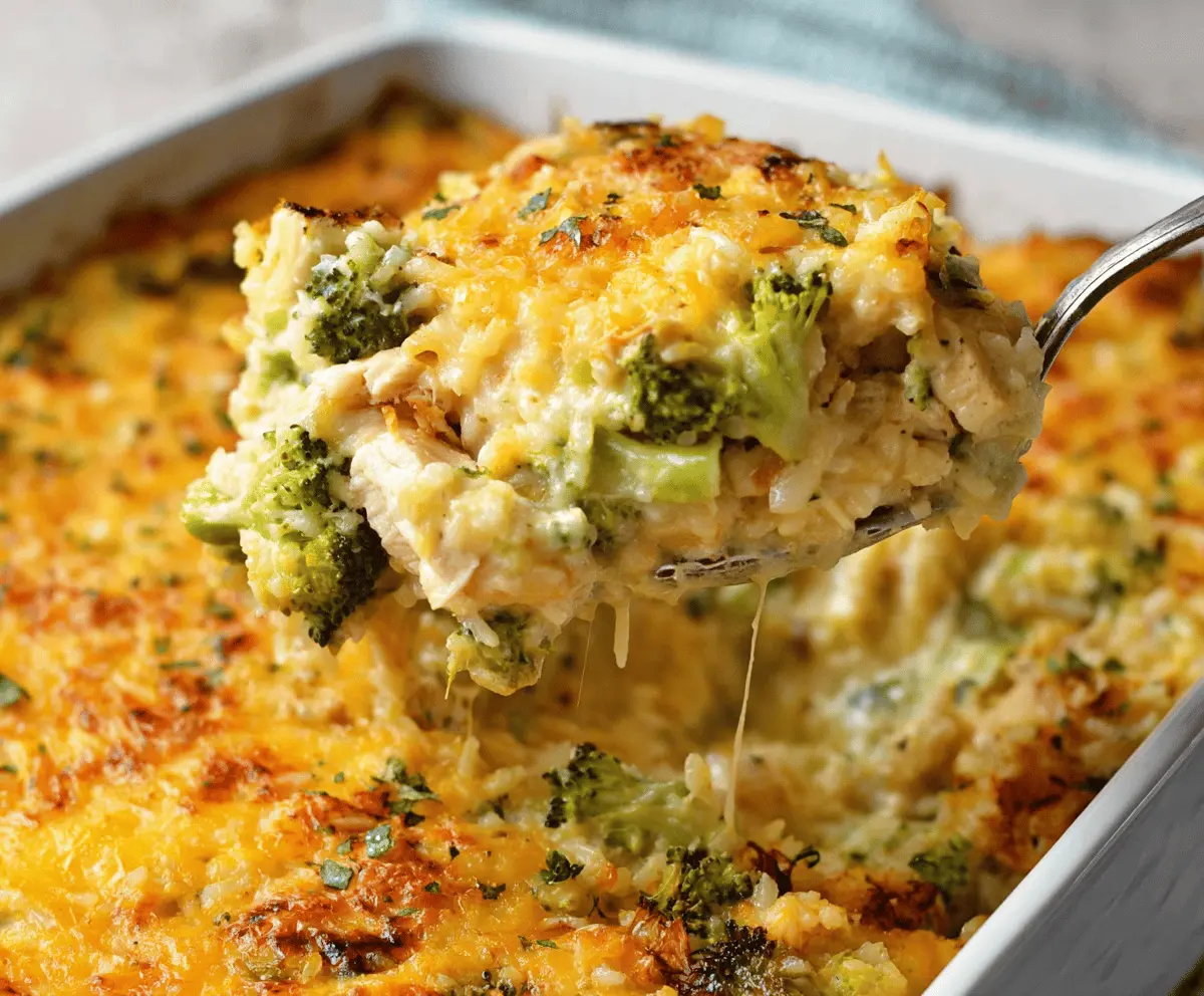 Creamy chicken broccoli rice cheese casserole in a baking dish with melted cheese and fresh broccoli florets