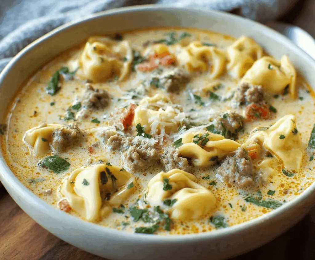 Creamy sausage tortellini soup garnished with fresh herbs in a bowl, showcasing a rich and flavorful Italian-inspired meal