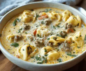 Creamy sausage tortellini soup garnished with fresh herbs in a bowl, showcasing a rich and flavorful Italian-inspired meal