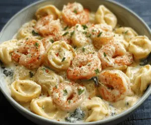 Creamy shrimp and cheese tortellini Alfredo dish topped with fresh herbs on a white plate, perfect for a flavorful seafood pasta dinner