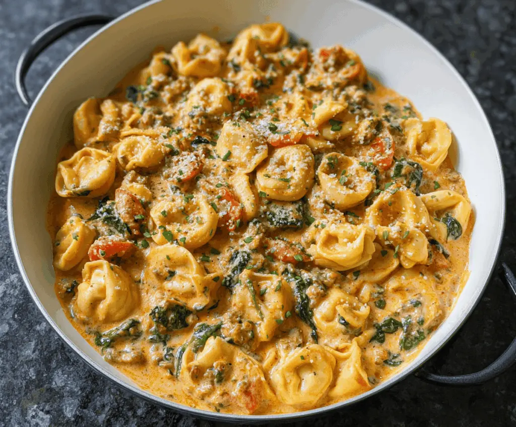 Creamy spinach and tomato tortellini in a bowl topped with fresh basil, showcasing a delicious, cheesy Italian pasta dish
