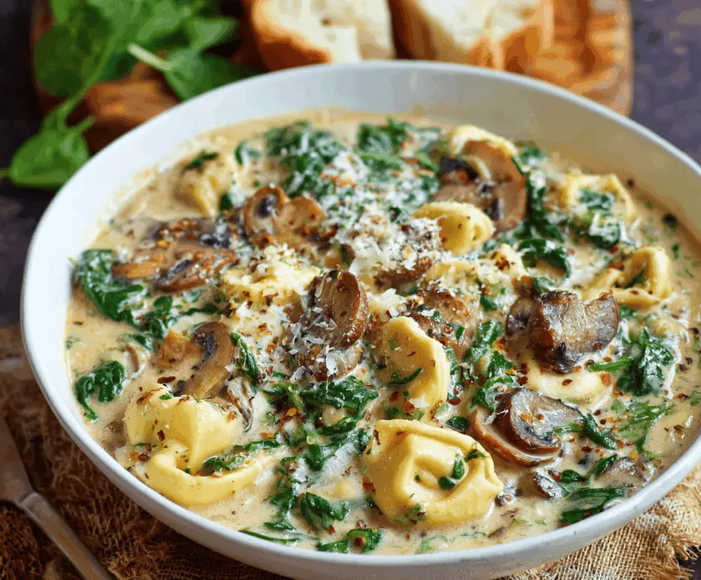 Creamy tortellini pasta with fresh spinach and sautéed mushrooms served on a white plate, topped with grated cheese and herbs for a delicious, hearty meal.