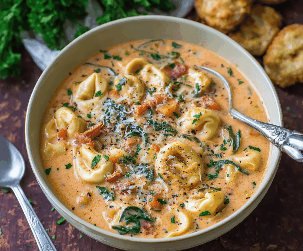 Creamy Tuscan Garlic Tortellini Soup in a bowl garnished with fresh herbs and grated cheese, showcasing rich, cheesy, and flavorful ingredients