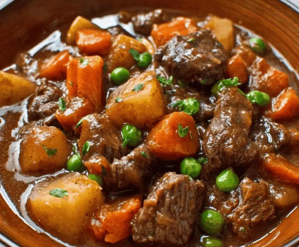 Delicious homemade Crockpot Beef Stew with tender beef chunks, carrots, potatoes, and herbs in a savory broth simmering in a slow cooker