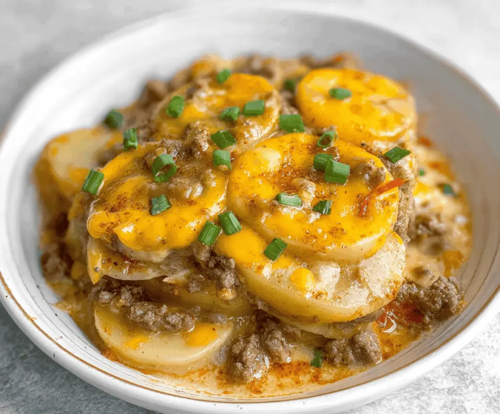Delicious Crockpot Hamburger Potato Casserole in a serving dish, topped with melted cheese and fresh herbs, ready to serve