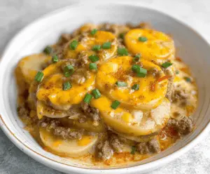 Delicious Crockpot Hamburger Potato Casserole in a serving dish, topped with melted cheese and fresh herbs, ready to serve