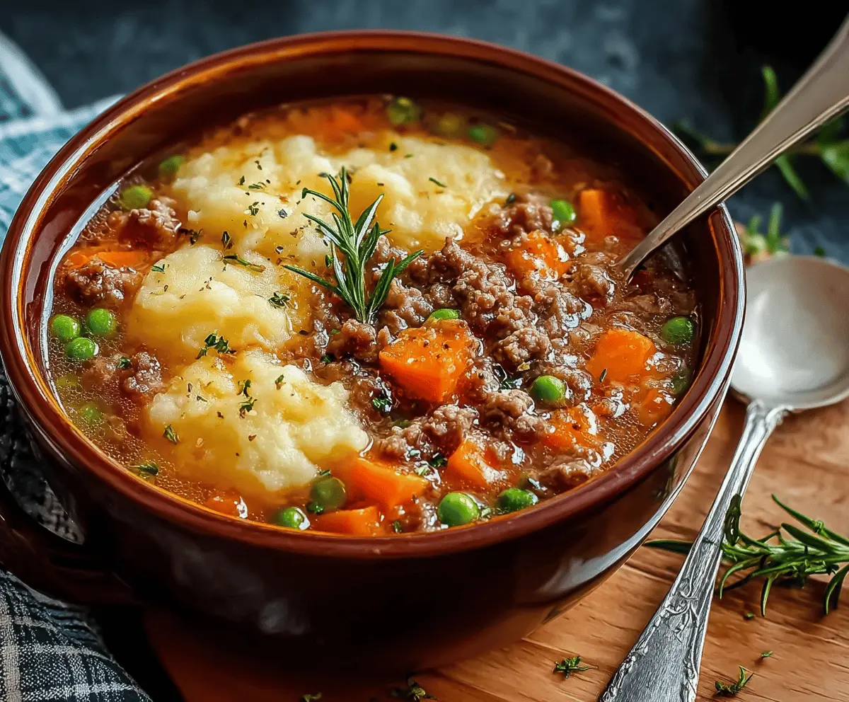 Creamy and hearty Shepherd’s Pie Soup with ground beef, vegetables, and mashed potato topping served in a bowl