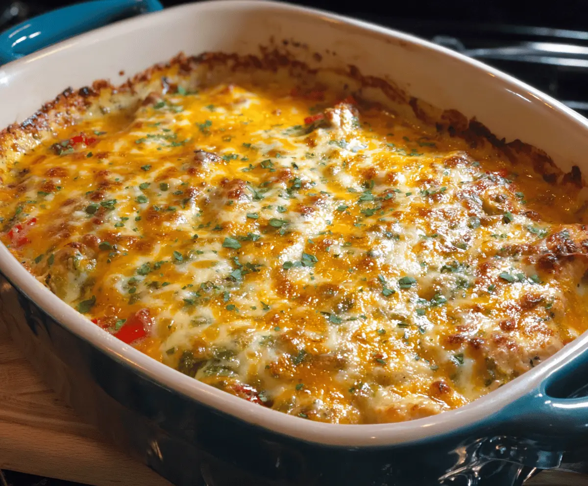 Delicious easy low carb chicken casserole topped with melted cheese and fresh herbs, perfect for healthy dinner recipes