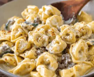 Creamy garlic butter beef and spinach tortellini served on a white plate, garnished with fresh herbs, perfect for a flavorful Italian-inspired meal.