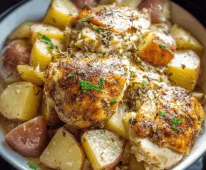 Delicious Garlic Parmesan Crockpot Chicken and Potatoes served on a plate with fresh herbs, showcasing a flavorful and easy-to-make slow cooker dinner