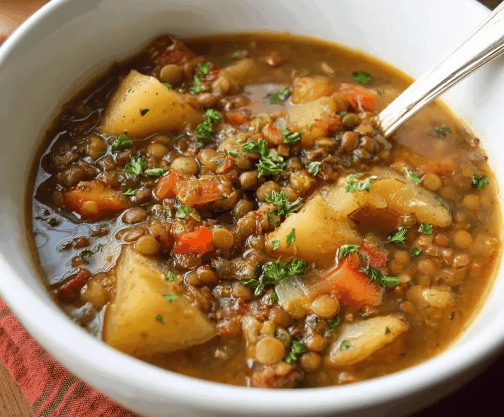 A steaming bowl of hearty lentil and potato soup garnished with fresh herbs, showcasing a comforting and nutritious meal.