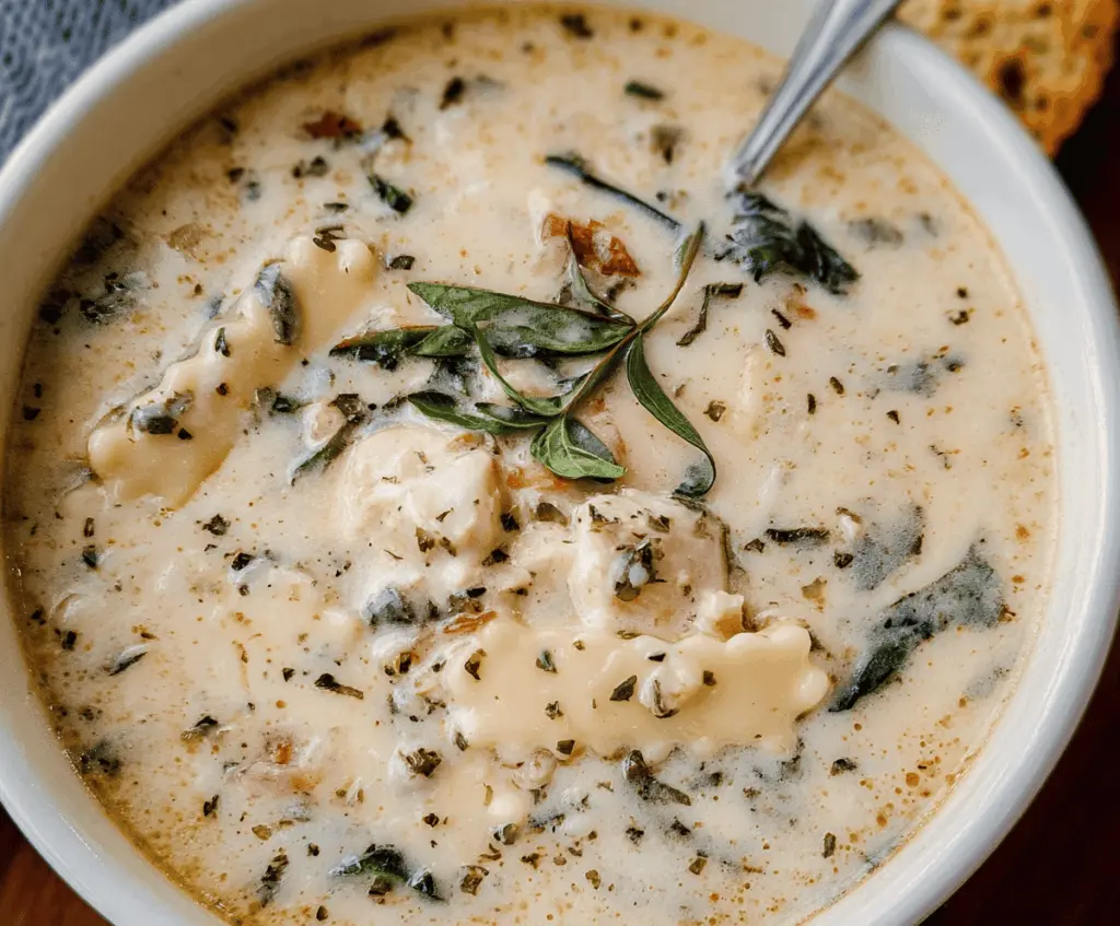 Creamy white chicken lasagna soup with shredded chicken, melted cheese, and fresh herbs in a bowl, perfect for a comforting and flavorful meal.