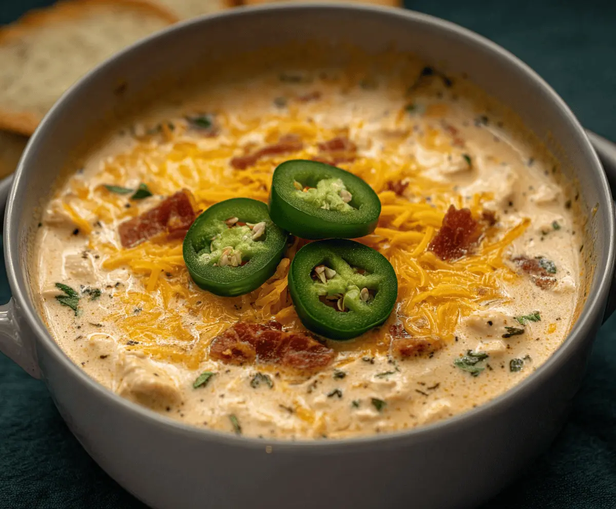 Creamy jalapeno popper soup garnished with shredded cheese and chopped green onions, served in a bowl with fresh bread on the side.
