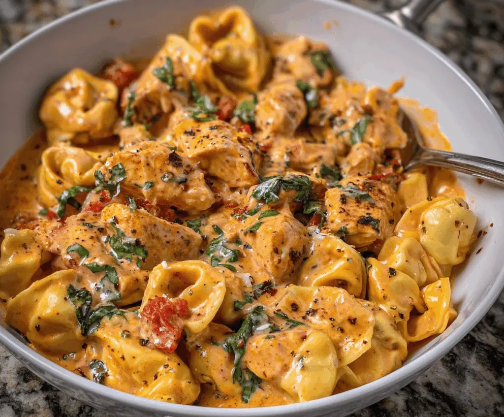 Creamy Marry Me Chicken Tortellini served on a white plate with fresh herbs, showcasing a rich, cheesy pasta dish perfect for romantic dinners.
