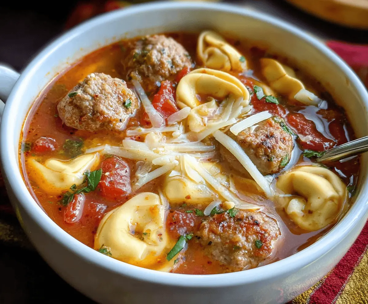 Delicious meatball soup with cheese tortellini, garnished with fresh herbs and grated cheese in a bowl