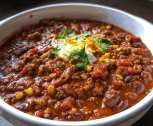 A steaming bowl of hearty slow-cooker chili topped with shredded cheese, fresh cilantro, and diced onions, served alongside crispy cornbread