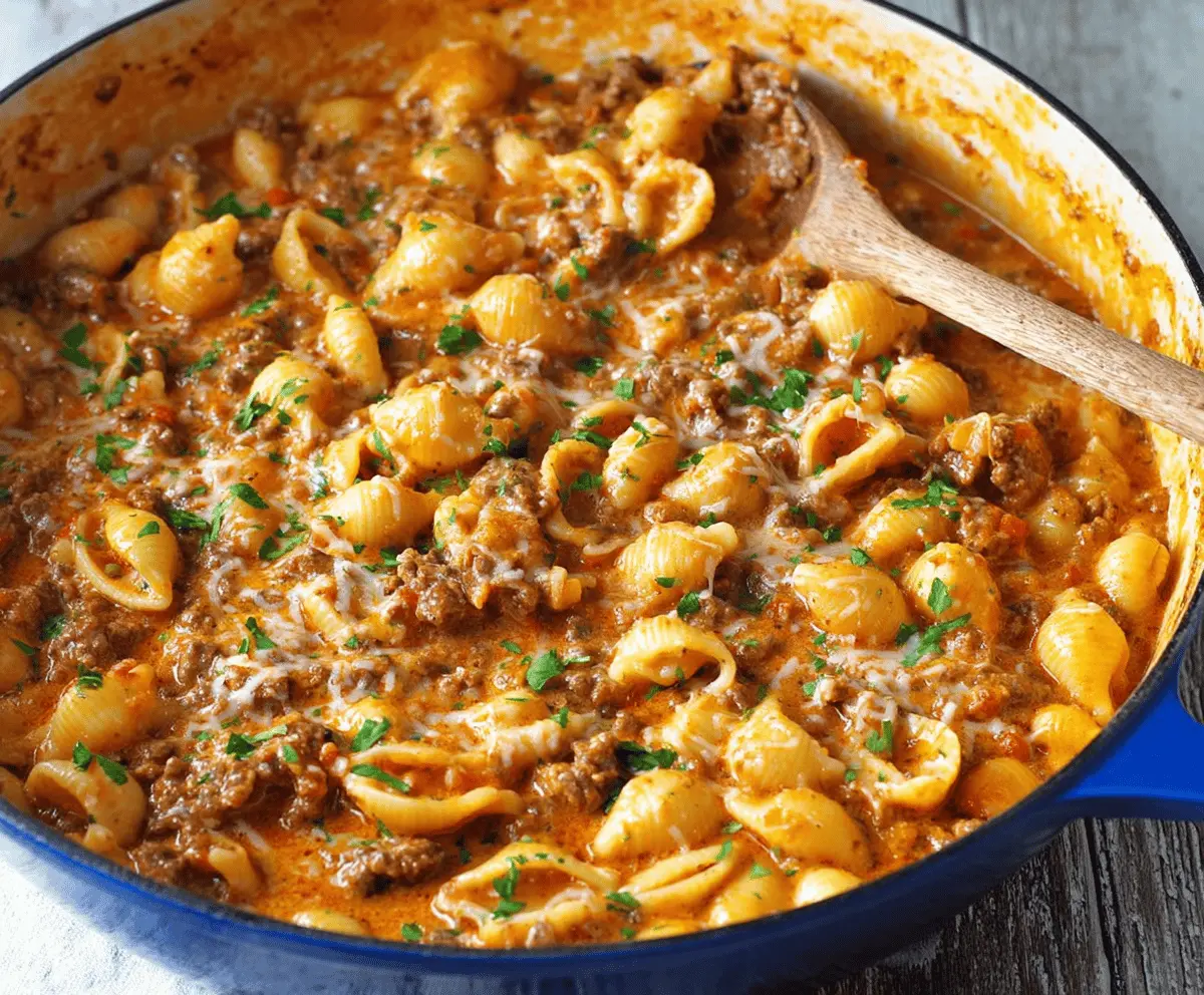 Creamy beef and shell pasta served in a white bowl, featuring tender ground beef, pasta shells, and melted cheese for a comforting one-pot meal.