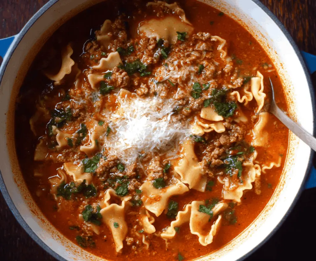 Delicious and hearty one pot lasagna soup in a bowl topped with melted cheese and fresh basil, perfect for a comforting meal