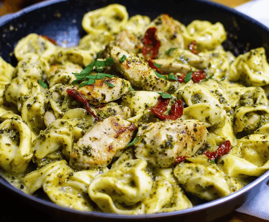 Delicious pesto chicken tortellini served with fresh basil and grated Parmesan cheese on a white plate