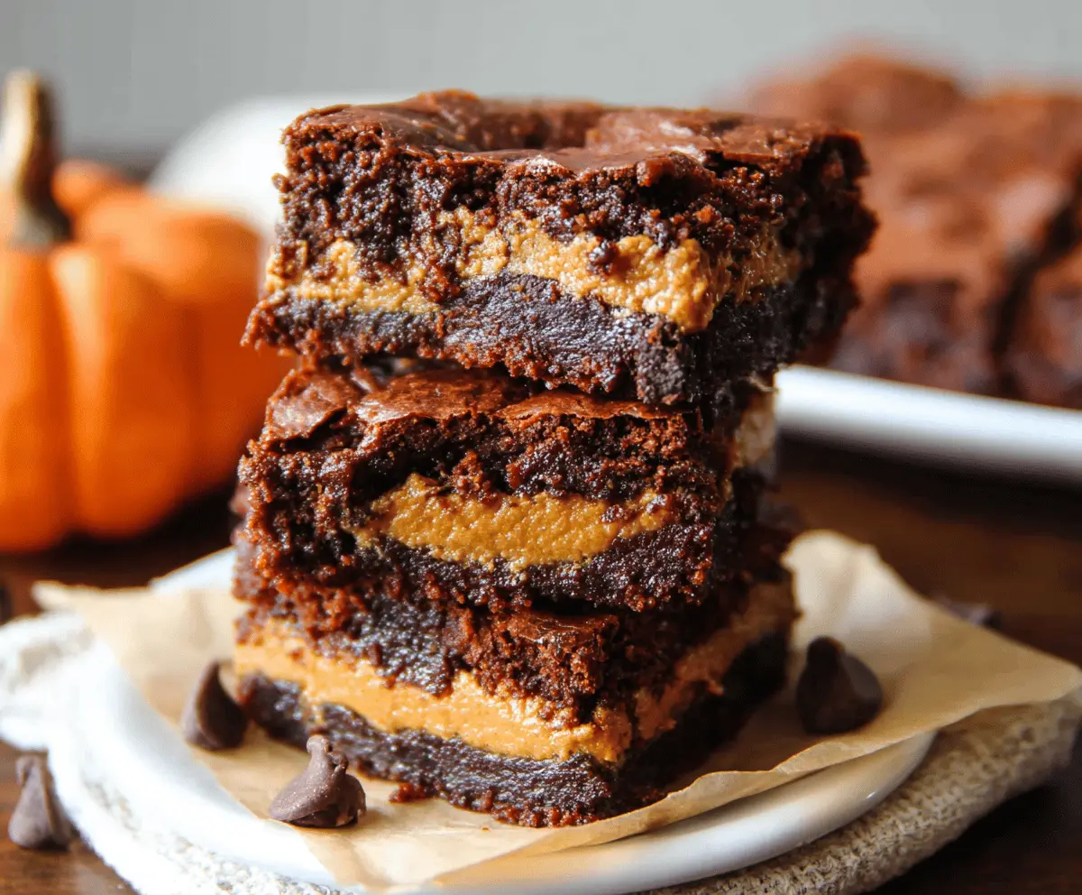 Delicious homemade pumpkin brownies topped with chocolate chips, perfect for fall desserts and Halloween treats.