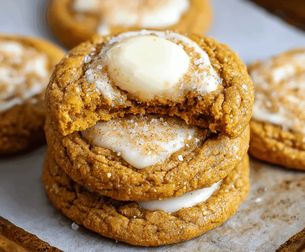 Creamy pumpkin cheesecake cookies topped with walnuts and cinnamon for a delicious fall treat.