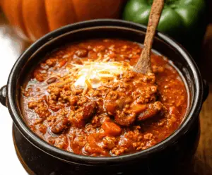 Hearty pumpkin chili in a bowl topped with fresh herbs and shredded cheese, served with a side of crusty bread.