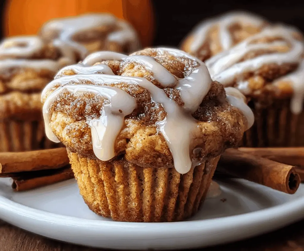 Delicious pumpkin cinnamon roll muffins topped with icing, perfect for fall breakfast or snack